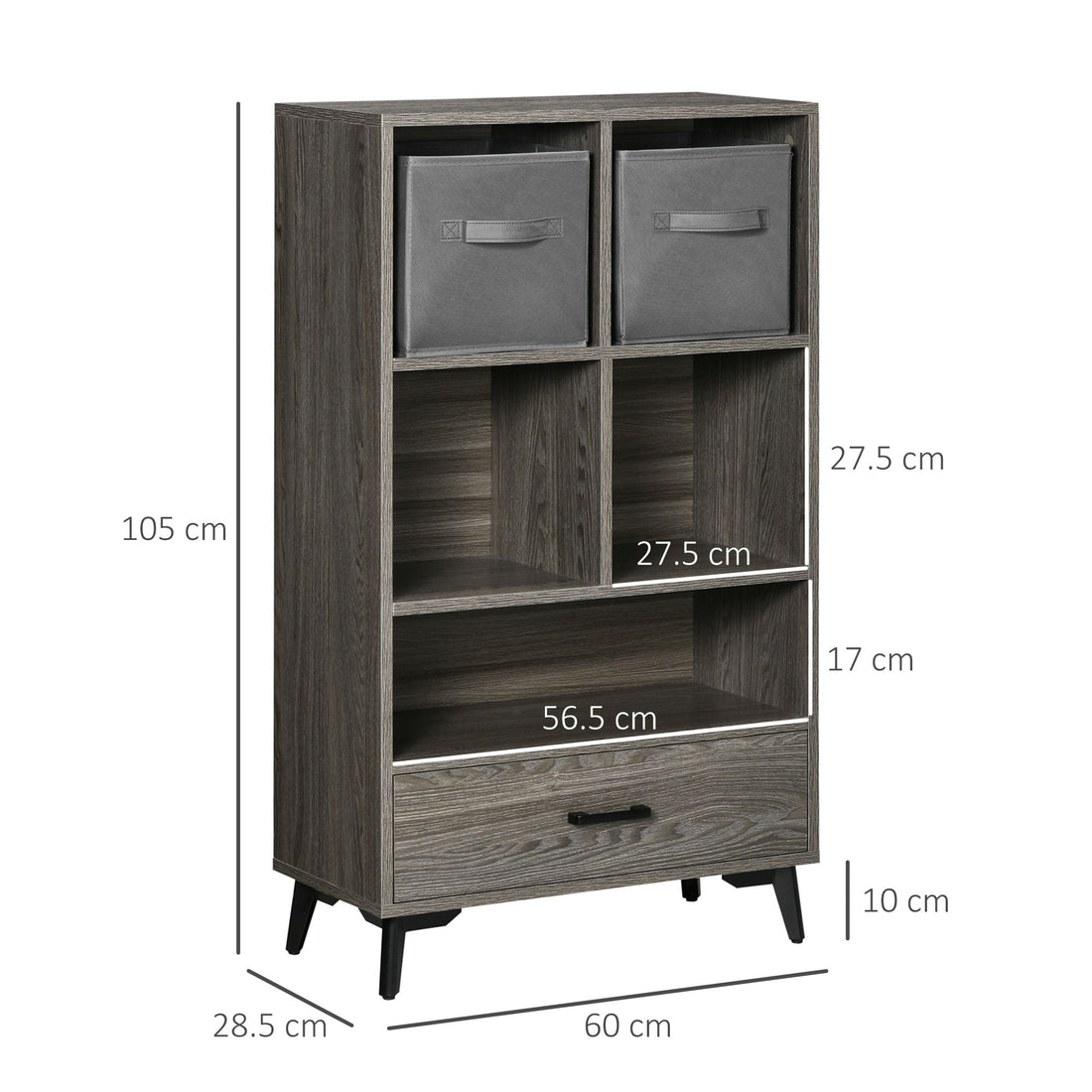 Freestanding Storage Cabinet, Display Cabinet with Fabric Drawers, Bookcase for Home Office, Living Room, Closet, Bedroom, Grey