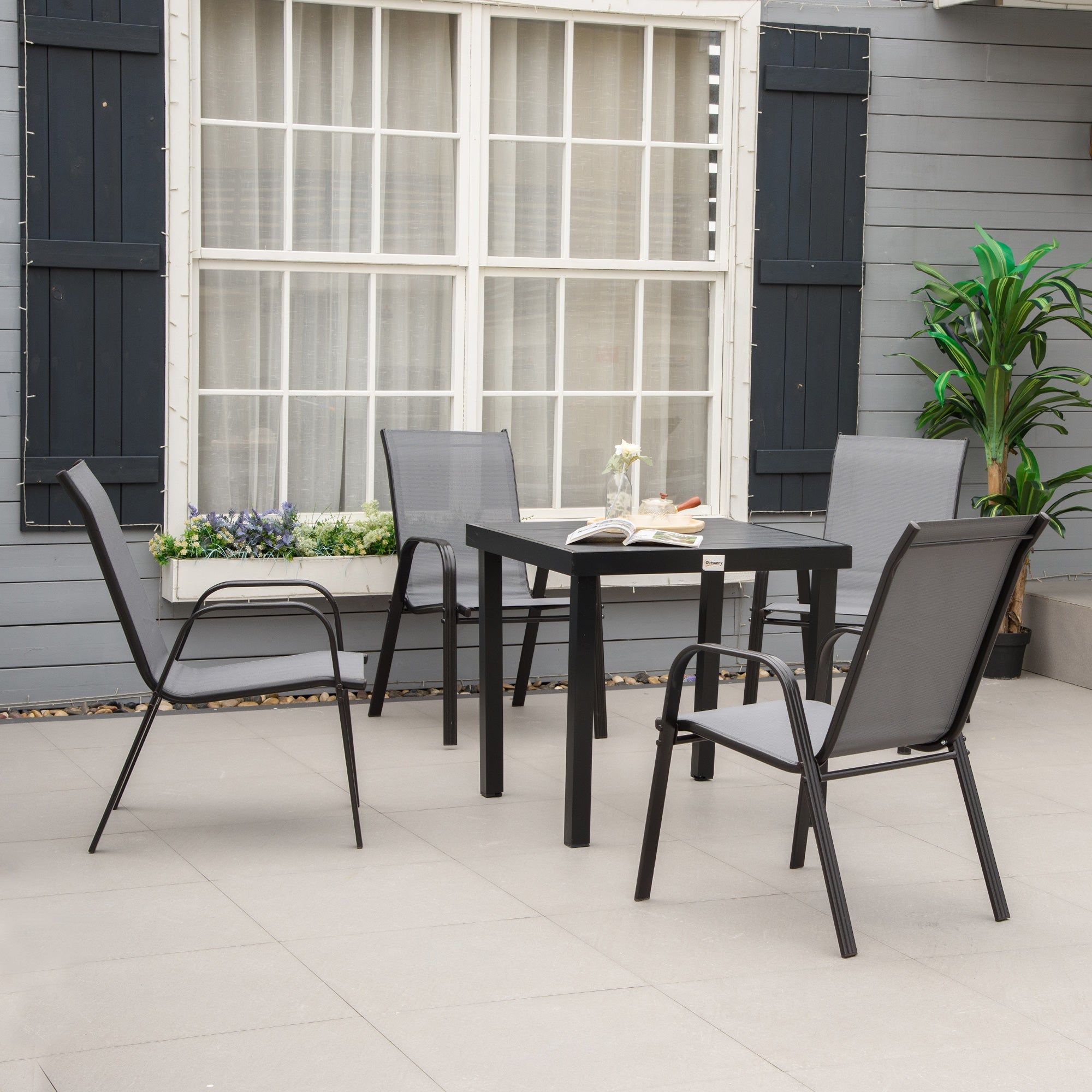Set of Four Stackable Mesh Seat Chairs - Dark Grey