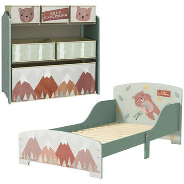 Toddler Bed Frame, Kids Storage Shelf Unit with 6 Fabric Bins for Ages 3-6 Years, Green