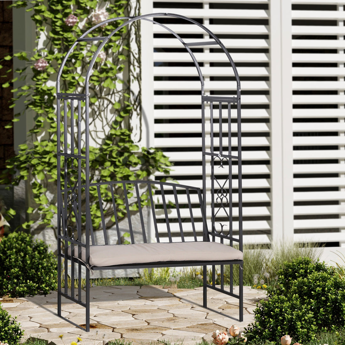 Metal Frame Bench W/Arch, 114Lx60Wx206H cm-Grey