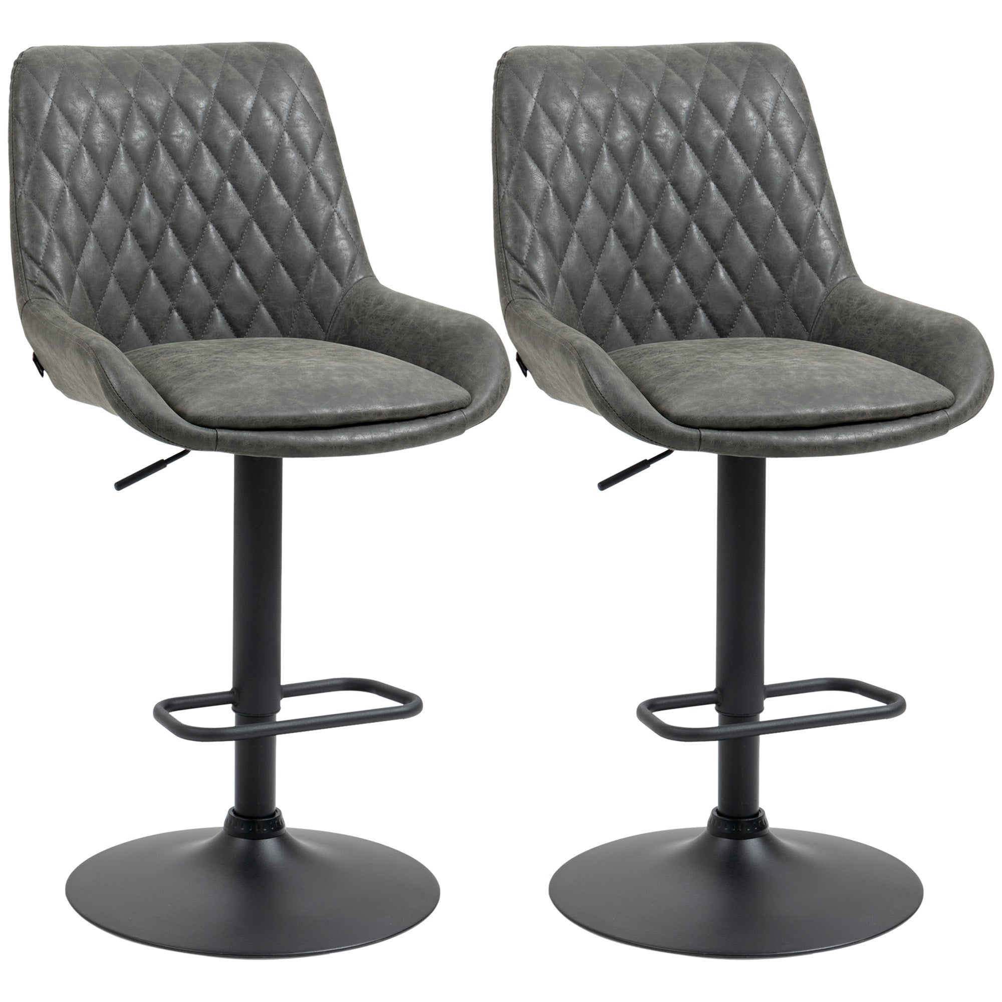 Grey Bar Stools Set of 2, Upholstered Retro Bar and Kitchen Chairs with Back, Swivel Seat, PU Leather