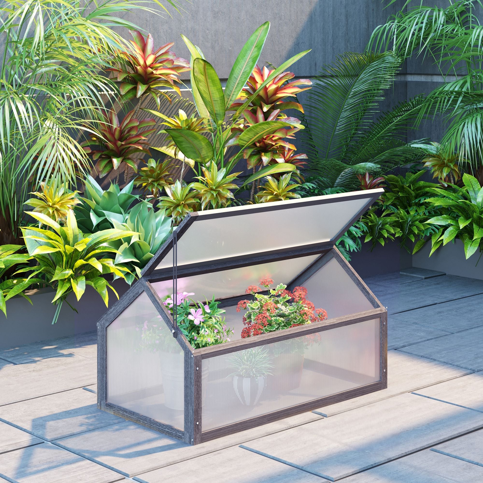 Wooden Cold Frame Garden Polycarbonate Greenhouse with Openable Top Cover, Grow House for Flowers, Vegetables, Plants, 90 x 52 x 50cm, Grey