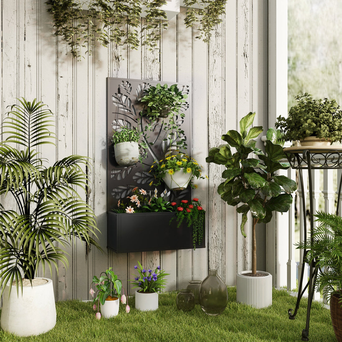 Outdoor Metal Planter, with Back Trellis - Black