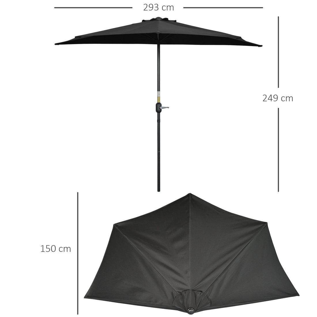 3(m) Half Parasol, Semi Round Umbrella with Metal Frame, Crank Handle for Balcony, Garden, Black