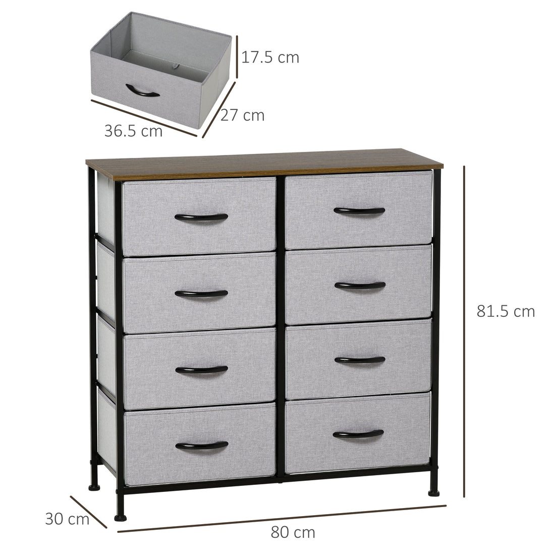 Fabric Chest of Drawers, Storage Drawers, Industrial Bedroom Dresser with 8 Fabric Drawers, Steel Frame and Wooden Top for Nursery, Living Room, Hallway, Grey