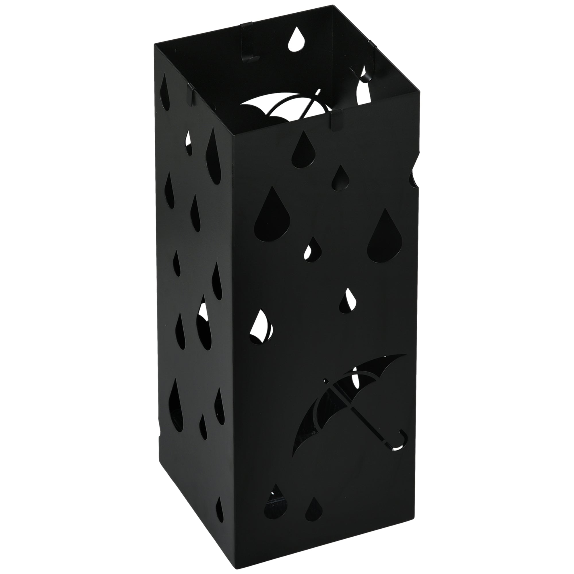 Steel Umbrella Stand, Square Umbrella Holder with 4 Hooks and Removable Drip Tray, Hollowed Umbrella Basket for Hallway, Black
