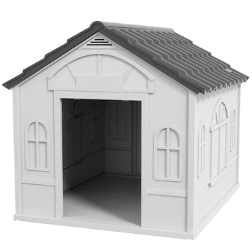 Plastic Weather-Resistant Dog House, for Indoors and Outdoors, Large Dogs - Grey