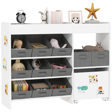 Kids Toy Storage Unit with 11 Bins, Cabinet, Top Shelves, 3 Stickers, for Nursery, Playroom, White