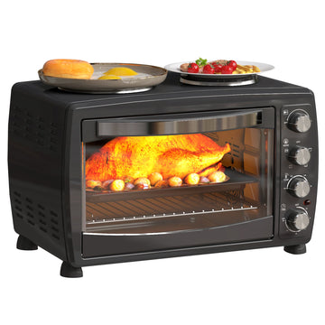 36L Small Oven with 2 Hot Plates, Countertop Toaster Oven, Grill, Roast, Bake, Boil, with Timer, Adjustable Temperature, Electric Oven with Baking Tray, Grill Rack, Crumb Tray, 2600W, Black
