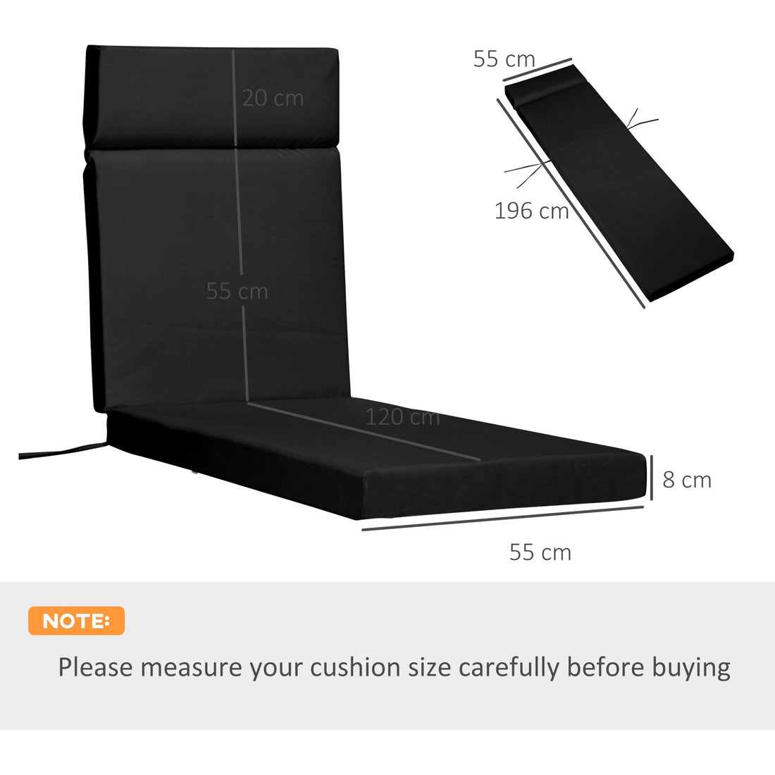 Set of 2 Sun Lounger Cushions, Replacement Cushions for Rattan Furniture with Ties, 196 x 55 cm, Black