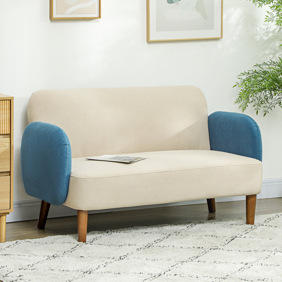 Two-Seater Velvet-Feel Mid Century Sofa - Cream/Blue
