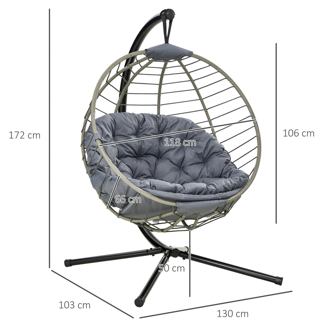 PE Rattan Swing Chair, Outdoor Hanging Chair with Metal Stand, Thick Padded Cushion, Foldable Basket and Cup Holder, for Indoor and Outdoor, Grey