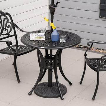 78 cm Round Garden Dining Table with Parasol Hole Antique Cast Aluminium Outdoor Table Only, Black
