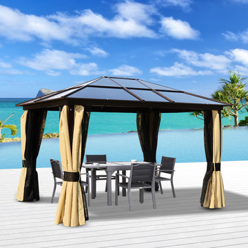 3 x 3.6m Polycarbonate Hardtop Gazebo with LED Solar Light and Aluminium Frame, Garden Pavilion with Mosquito Netting and Curtains