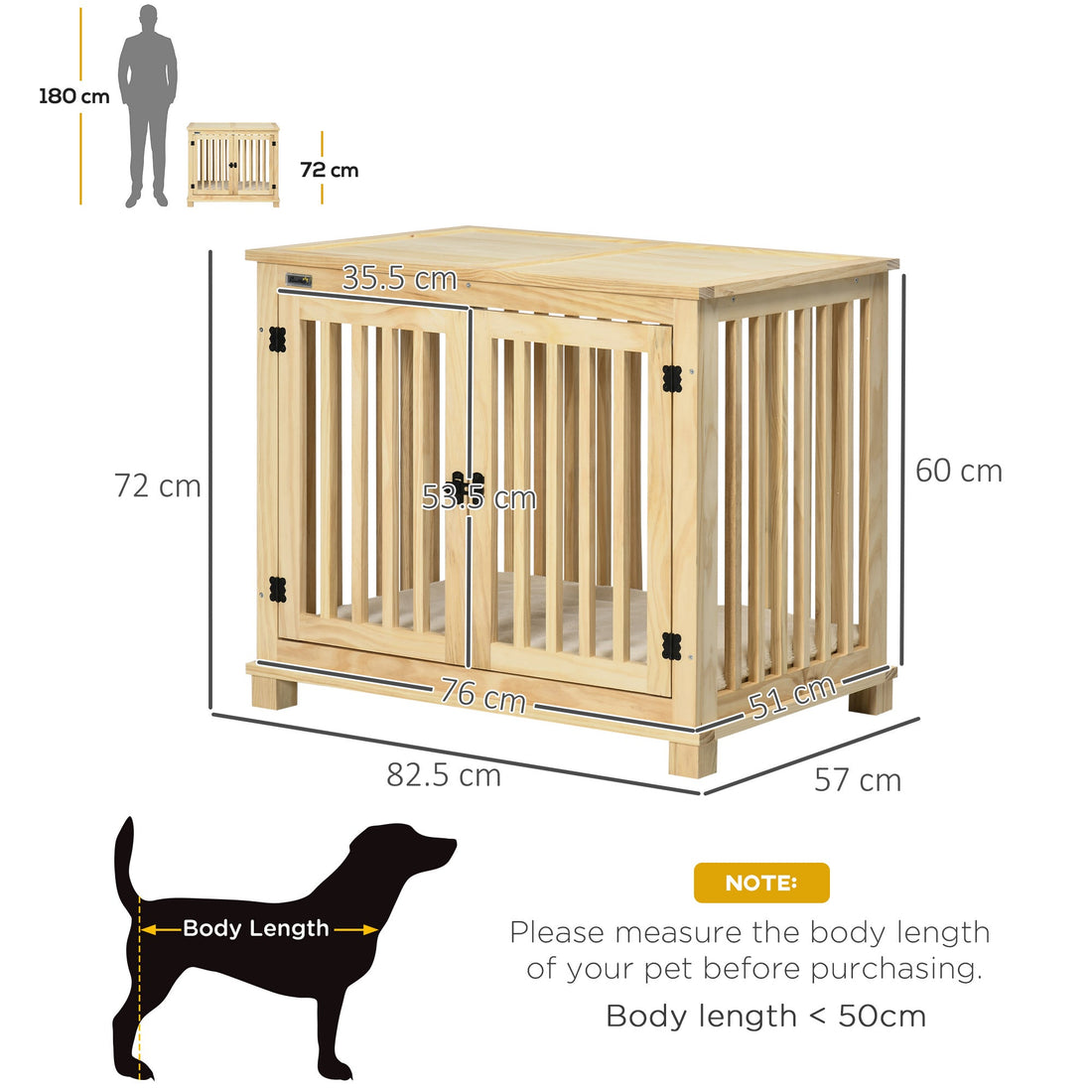 Wooden Dog Crate, with Double Doors, Cushion, for Medium Dogs - Natural Finish