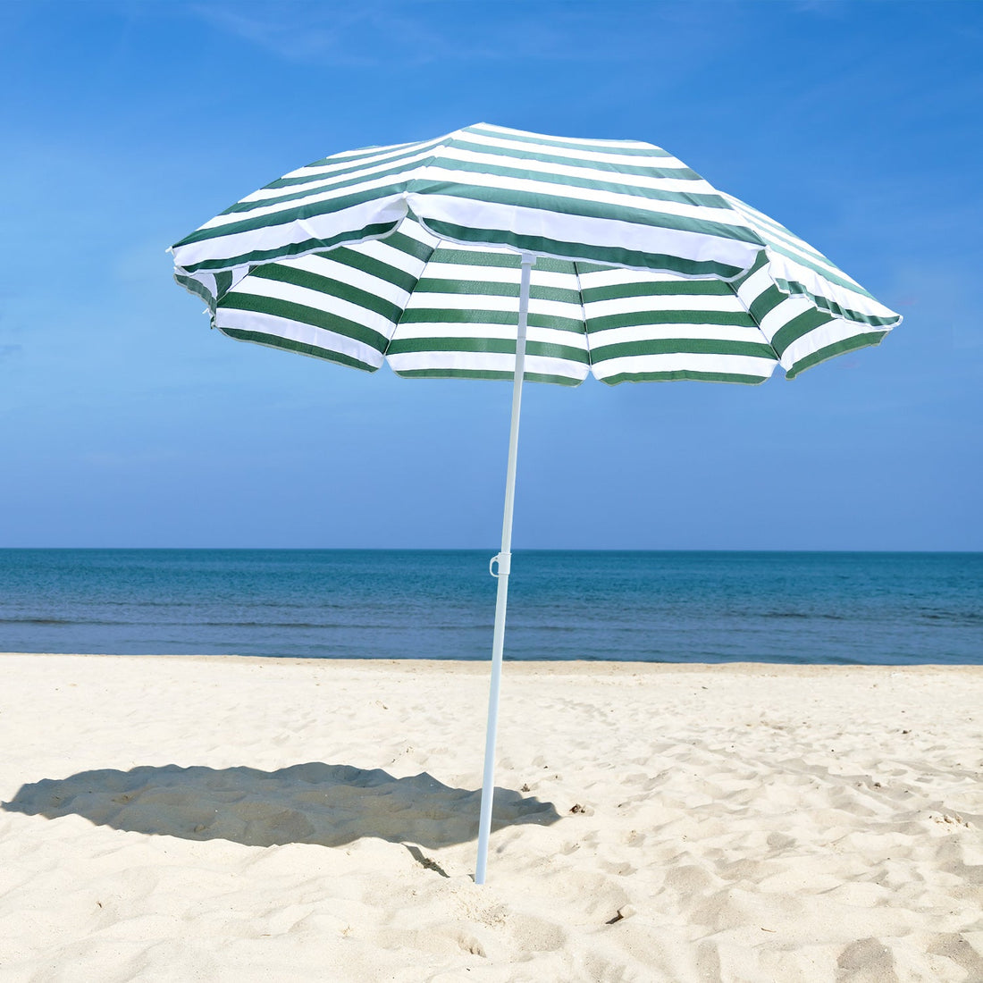 1.8m Beach Parasol Umbrella with Tilt Canopy, Lightweight Patio Garden Sunshade with 8 Ribs, Green & White Stripe