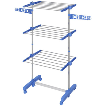 Three-Shelf Collapsing Clothes Horse, With Side Arms and Wheels - Blue