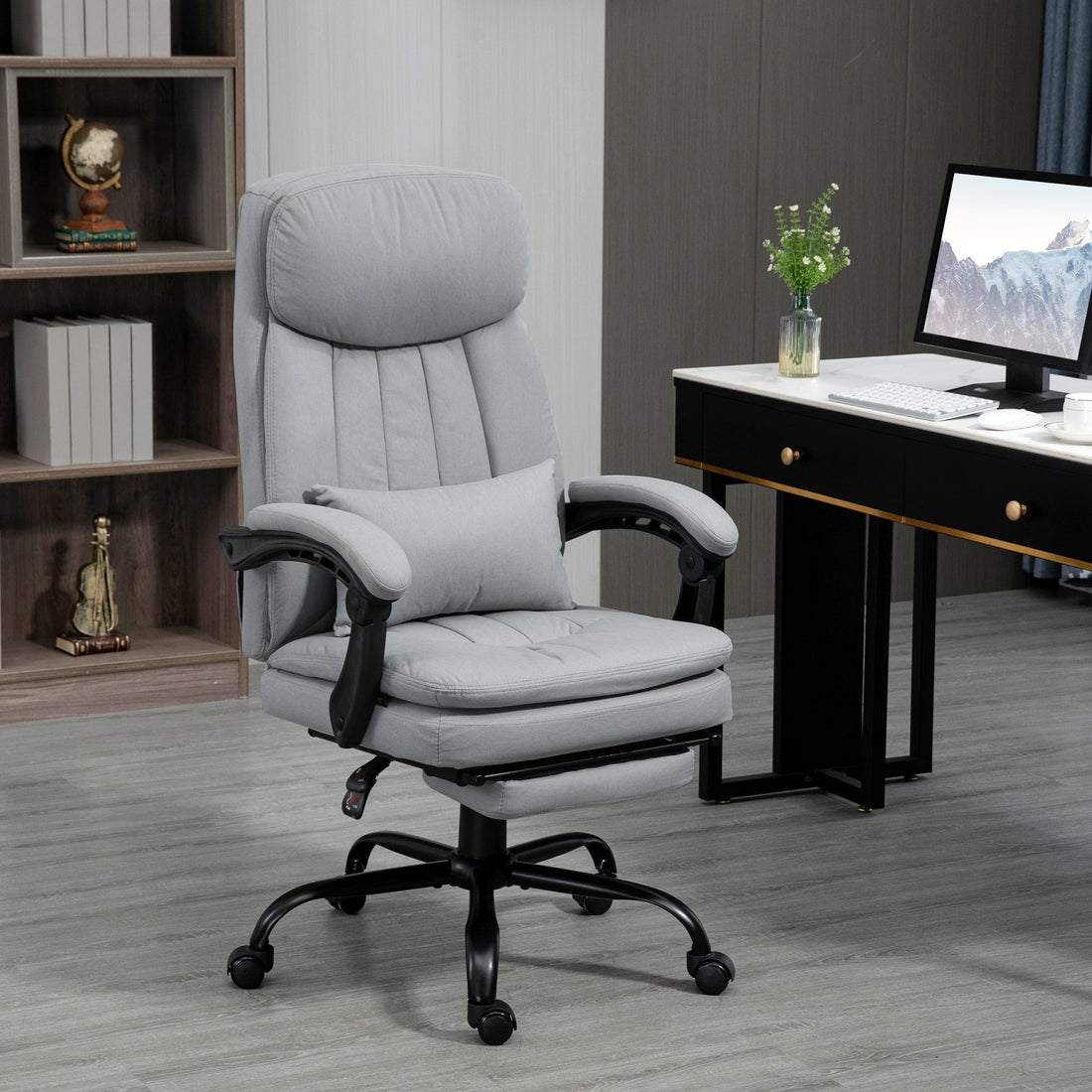 Office Chair, Ergonomic Desk Chair with 6-Point Vibration Massage and Lumbar Heating, Computer Chair with Lumbar Support Pillow, 155° Reclining Back and Footrest, Grey