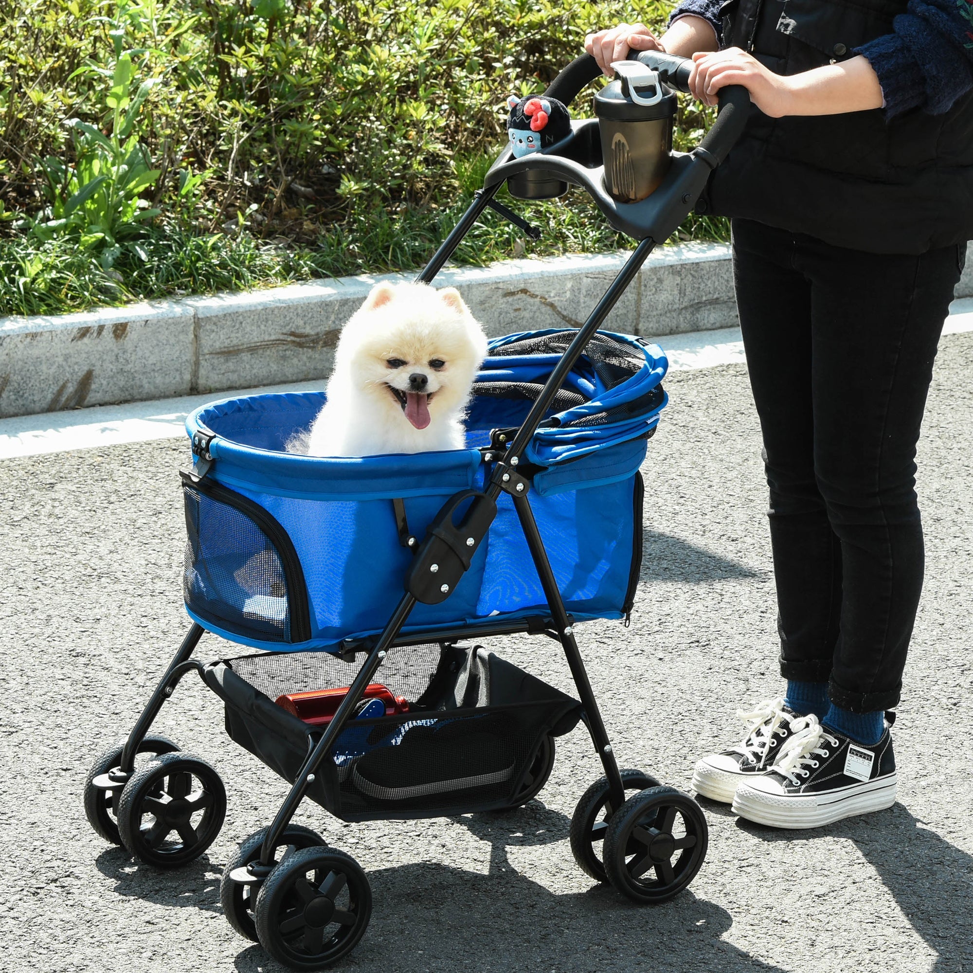 Dog Pram Dog Stroller Foldable Pet Pushchair with 4 Wheels, Safety Leashes, Cup Holder for Small Dogs, Blue