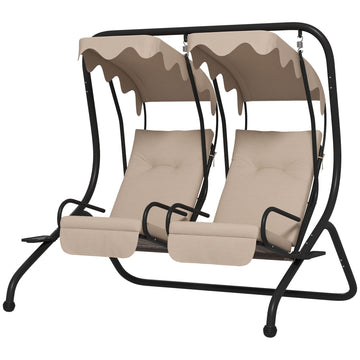 Two-Seat Garden Swing Chair, with Protective Canopy - Beige