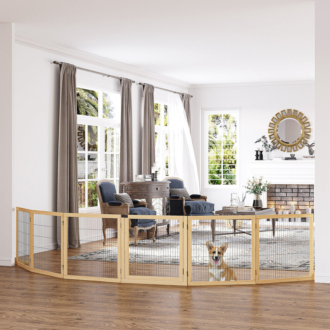 Wooden Pet Gate, Freestanding Dog Safety Barrier with Two Support Feet - Natural Tone