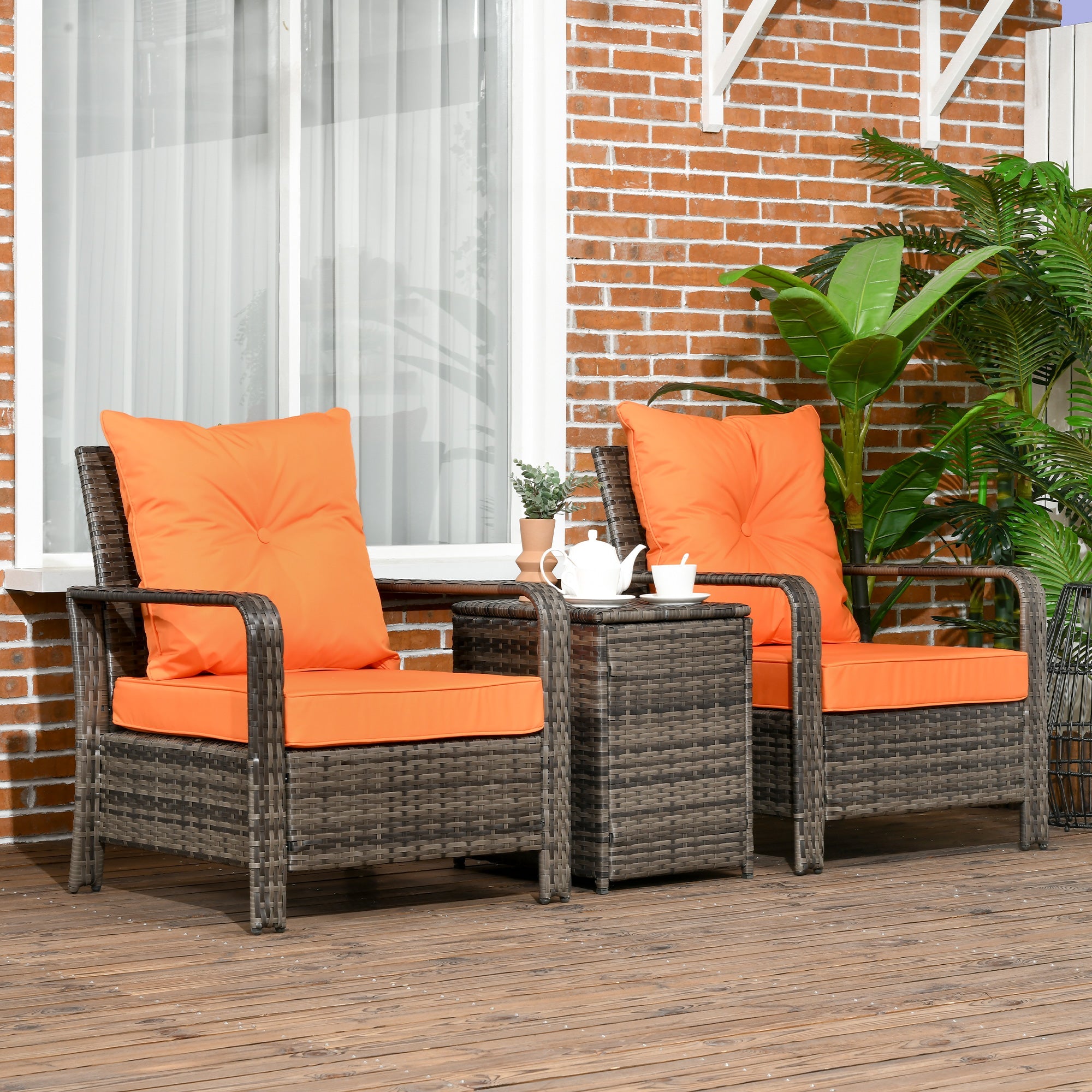 3 Pieces Rattan Bistro Set, Wicker Garden Furniture Set with Storage Coffee Table and Chairs, Thickened Cushions for Outdoor, Patio, Balcony, Orange