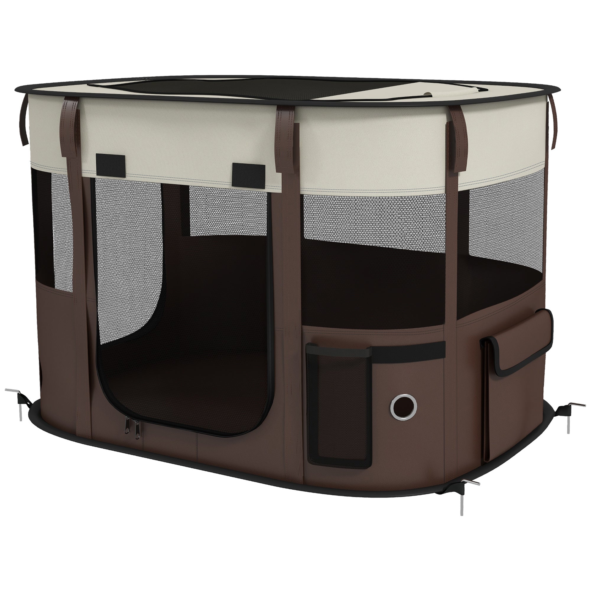 Foldable Dog Pen with Storage Bag for Indoor/Outdoor Use, Portable Pet playpen, with Ground Stakes - Brown