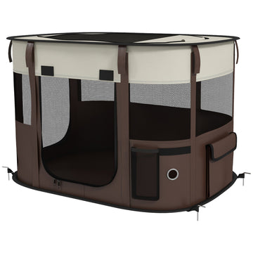 Foldable Dog Pen with Storage Bag for Indoor/Outdoor Use, Portable Pet playpen, with Ground Stakes - Brown