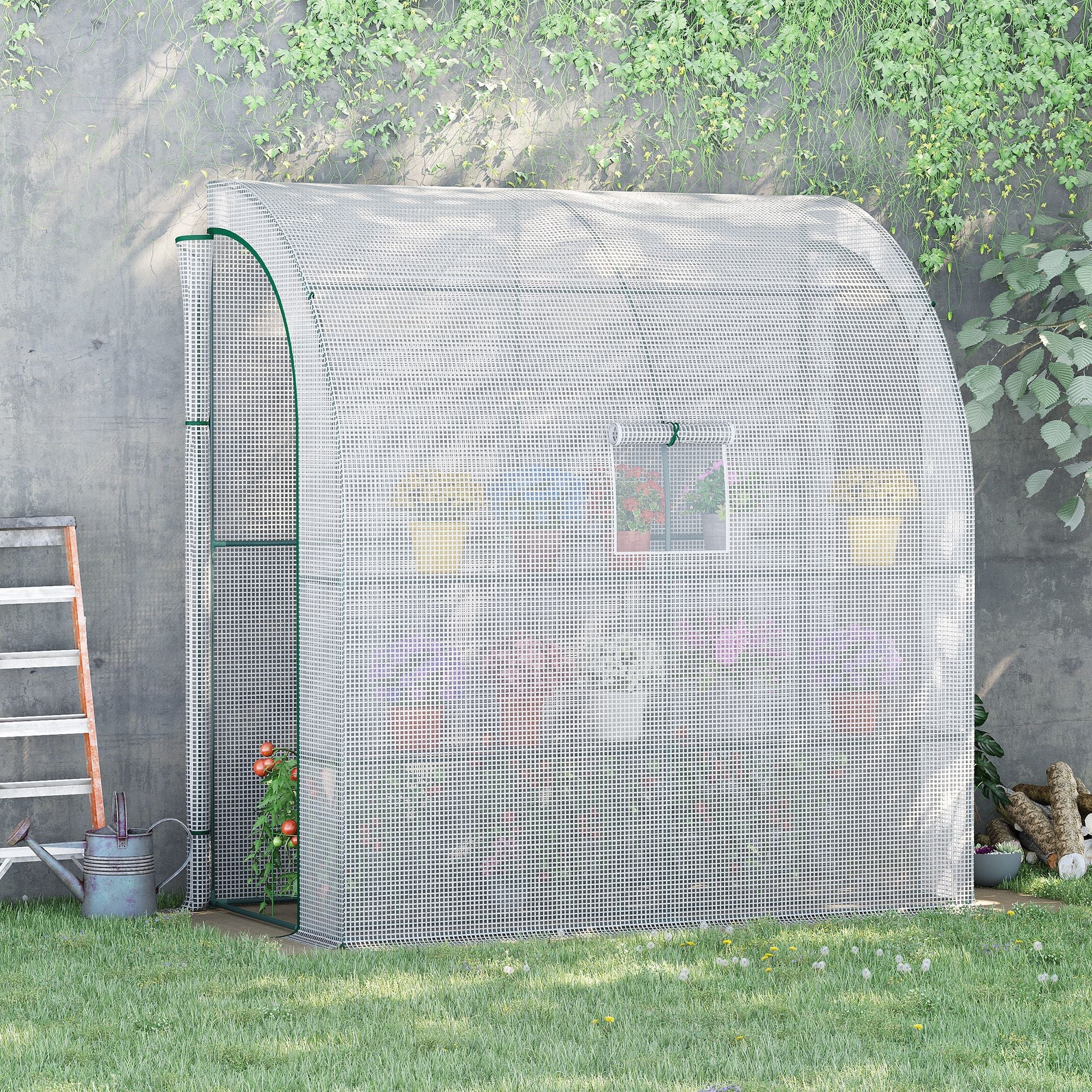 Walk-In Lean to Wall Greenhouse with Windows and Doors 2 Tiers 4 Wired Shelves 200L x 100W x 215Hcm White