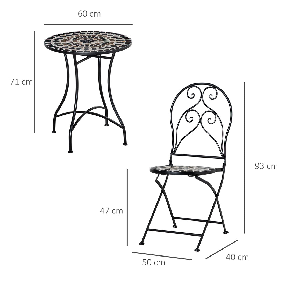 3 Piece Garden Bistro Set with Coffee Table and 2 Folding Chairs, Mosaic Tile Top and Seats, Metal Frame, for Patio Balcony