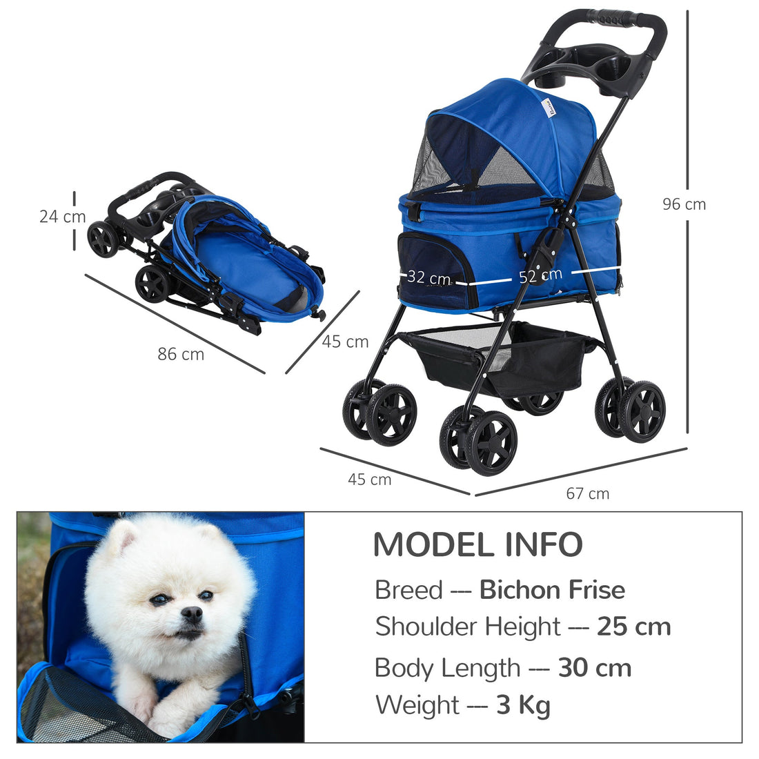 Dog Pram Dog Stroller Foldable Pet Pushchair with 4 Wheels, Safety Leashes, Cup Holder for Small Dogs, Blue