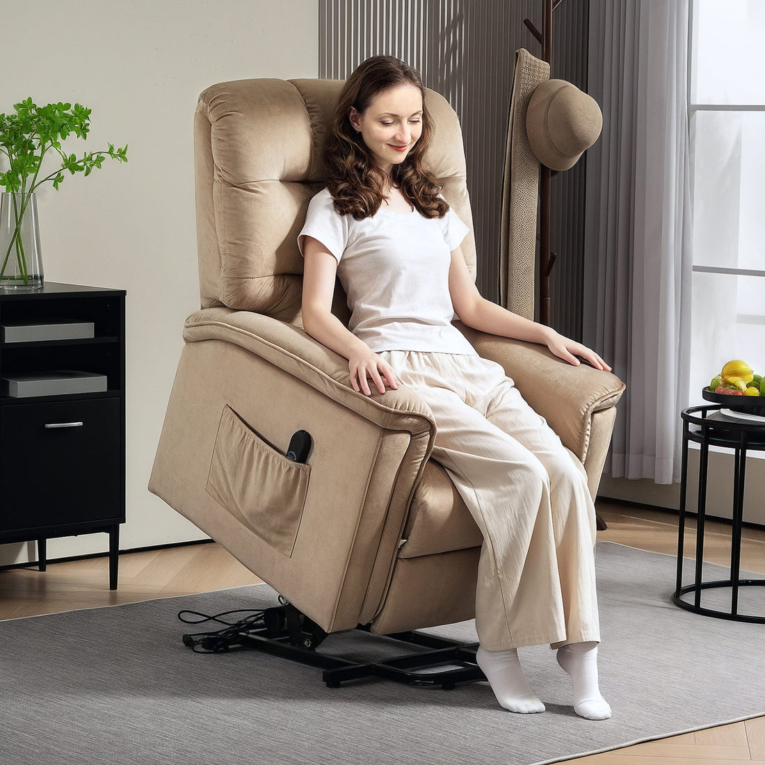 Velvet-Feel Electric Lift Recliner Chair - Brown