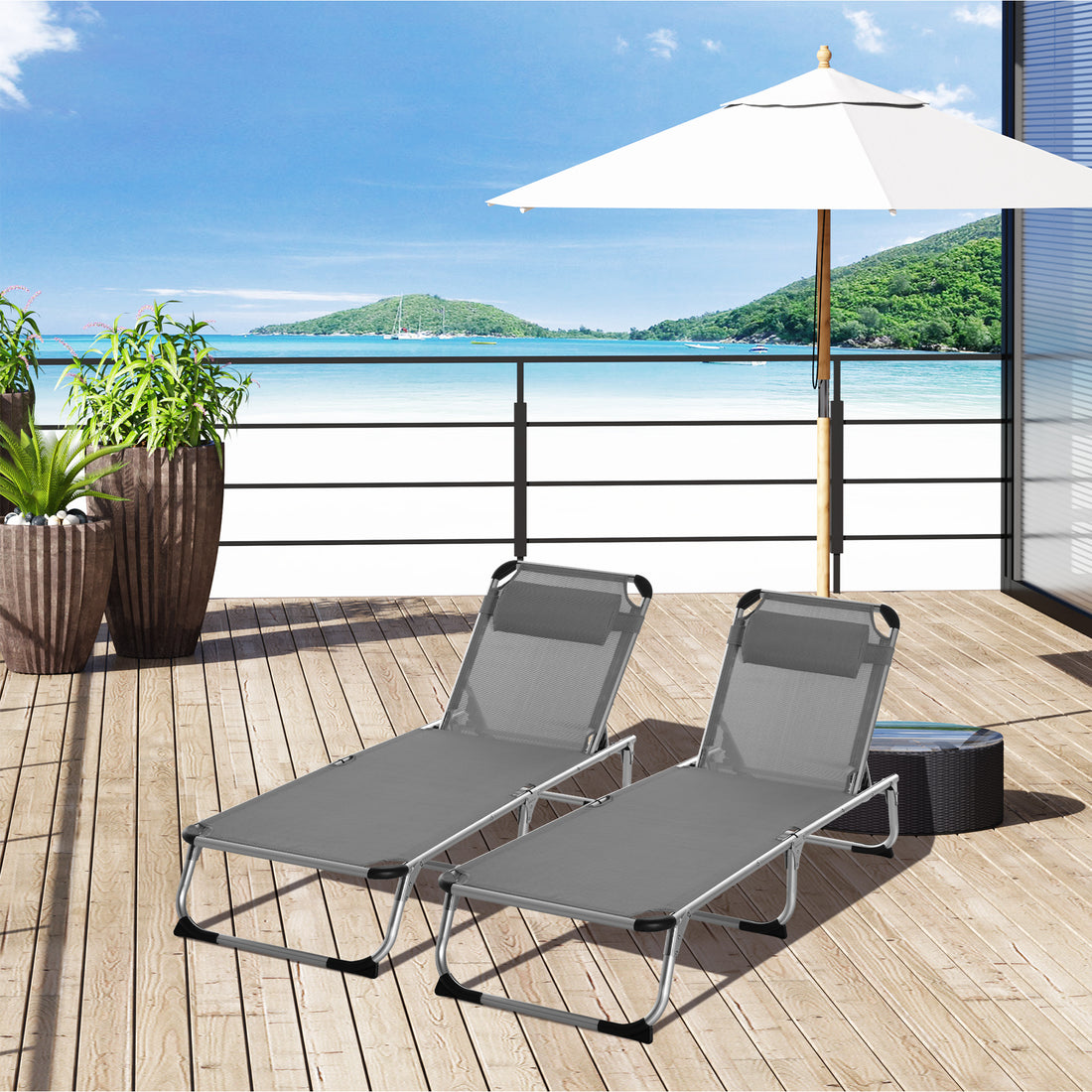 2 Pieces Foldable Outdoor Sun Lounger with Pillow, 5-Level Adjustable Reclining Lounge Chair, Aluminium Frame Camping Bed Cot, Grey