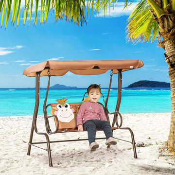 2 Seater Kids Garden Swing Seat, Children Outdoor Patio Lounge Chair for Gardens w/ Adjustable Awning, Seatbelt, Monkey Pattern - Brown