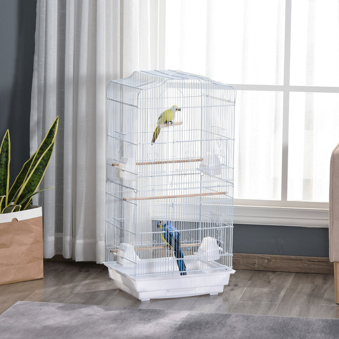 Large Metal Bird Cage with Perches, Food Bowls, Swing, for Budgies, Parakeets, White