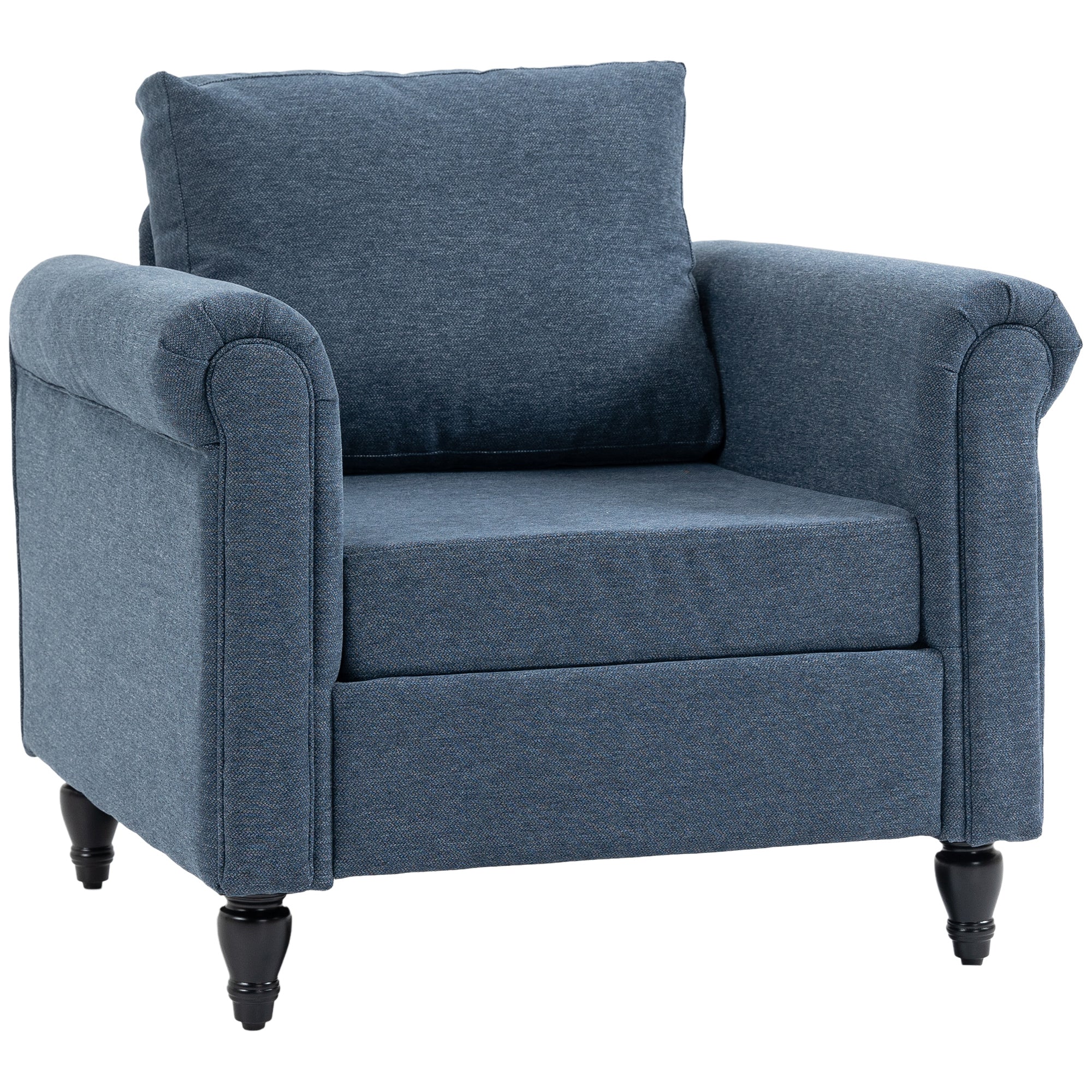 Vintage Accent Chair, Upholstered Occasional Chair with Back Pillow, Rolled Arms, Rubber Wood Legs, Dark Blue