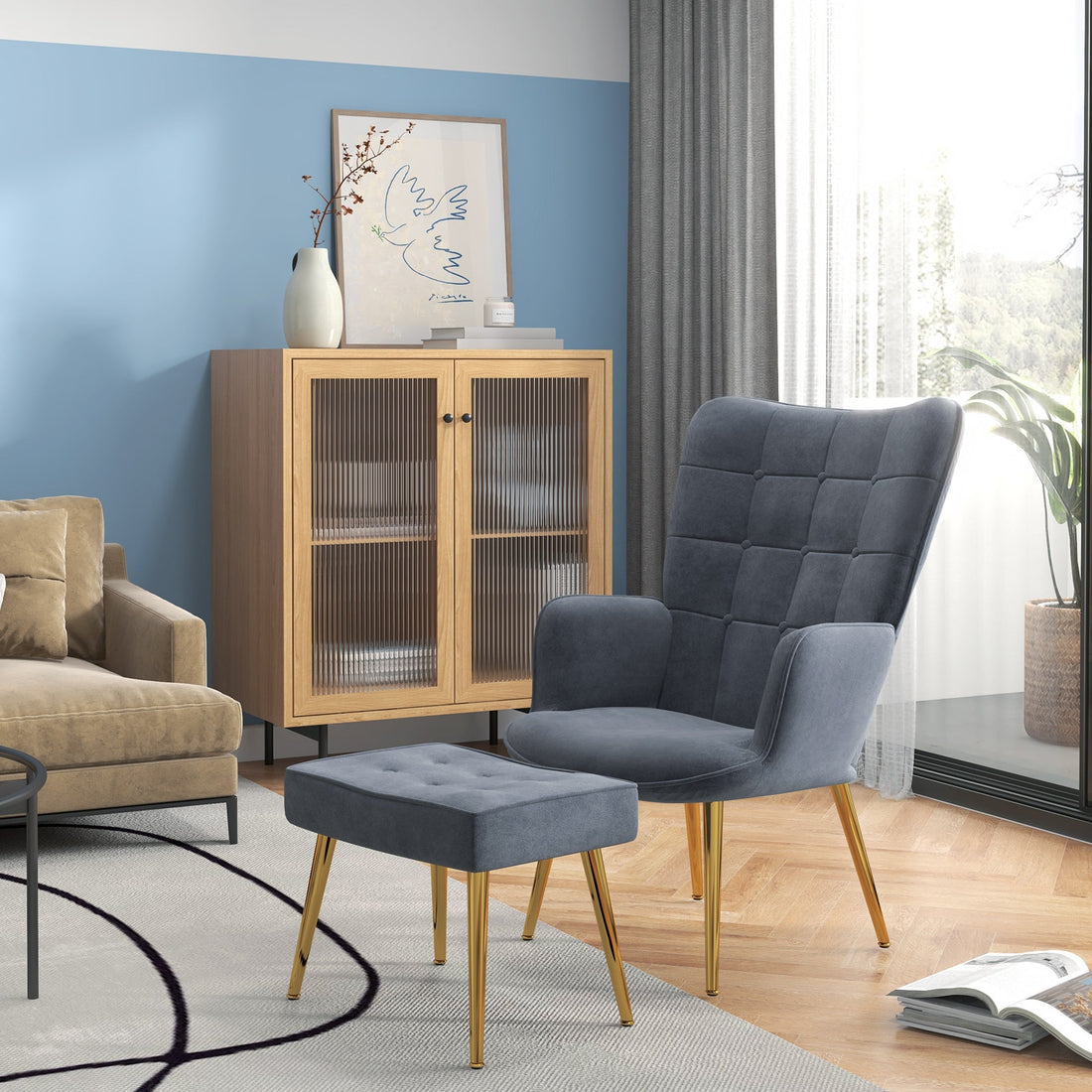 Modern Armchair with Footstool, Upholstered Accent Chair with Ottoman, Steel Legs, Velvet Wingback Chair for Living Room, Bedroom, Home Study, Dark Grey
