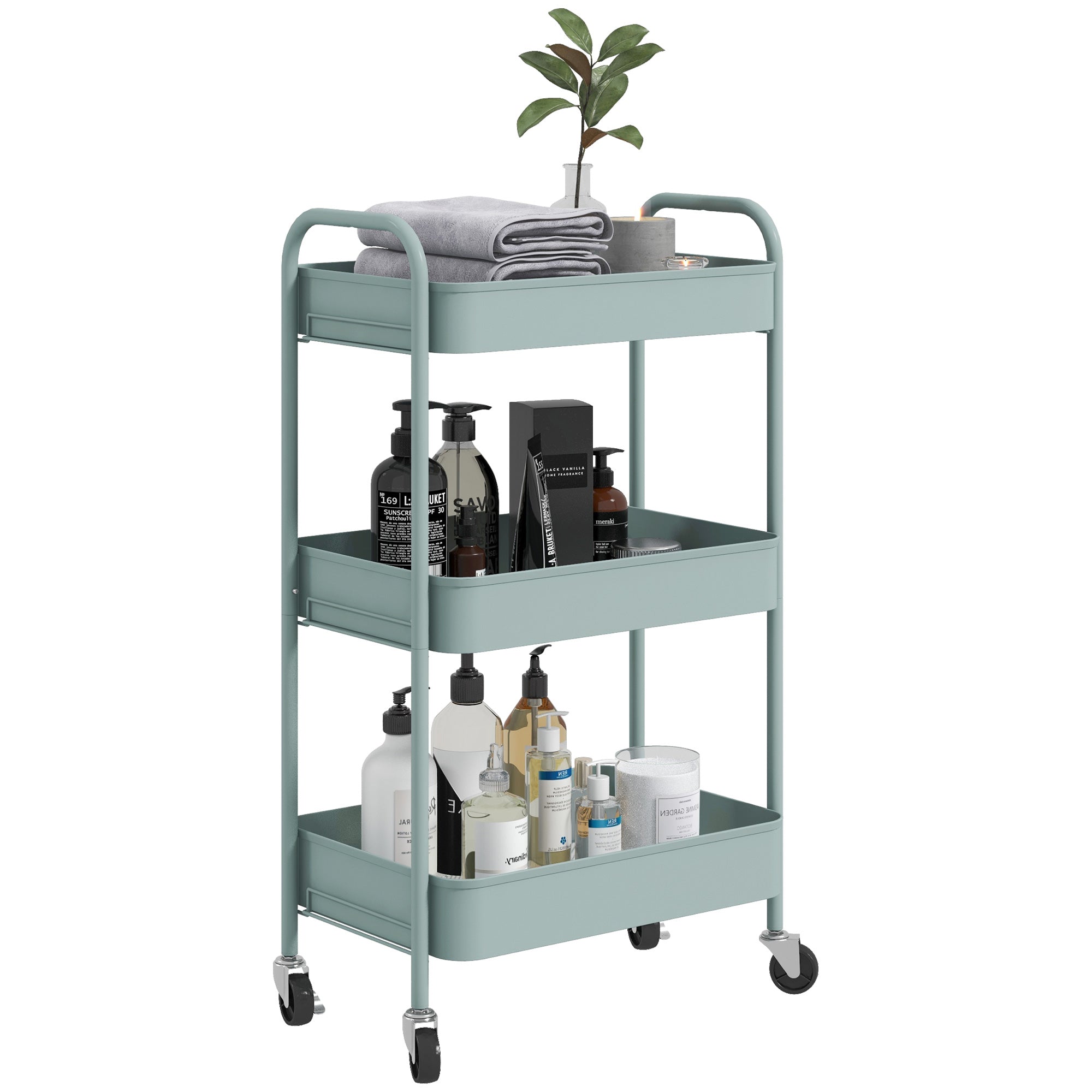 HOMCOM Three-Tier Steel Storage Trolley - Light Blue