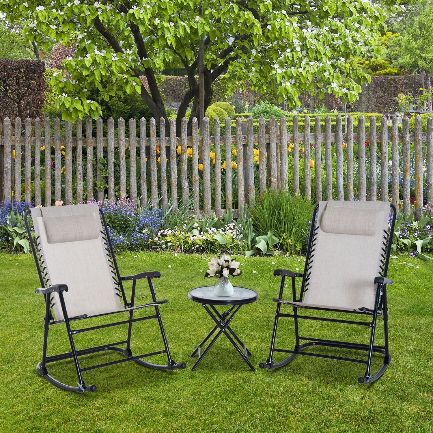 3 Piece Outdoor Rocking Set with 2 Folding Chairs and 1 Tempered Glass Table, Patio Bistro Set for Garden, Deck, Beige