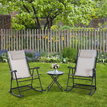 3 Piece Outdoor Rocking Set with 2 Folding Chairs and 1 Tempered Glass Table, Patio Bistro Set for Garden, Deck, Beige