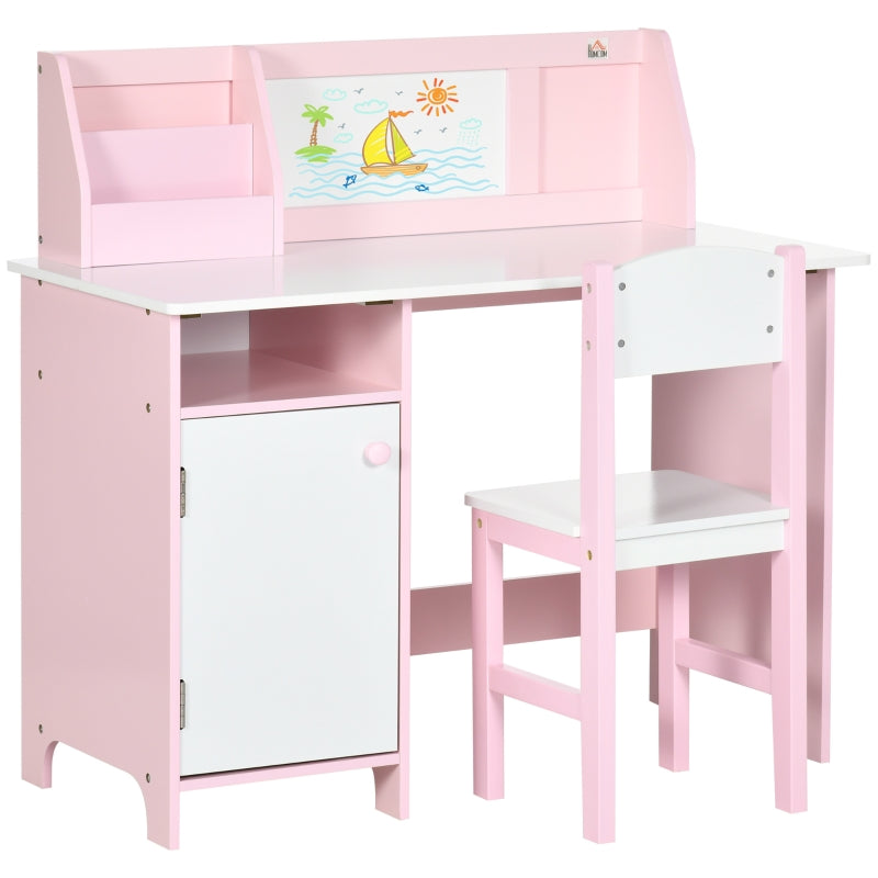Kids Desk And Chair Set 2 PCs Childrens Table And Chair Set Multi Use Toddler Furniture with Whiteboard, Storage - Pink