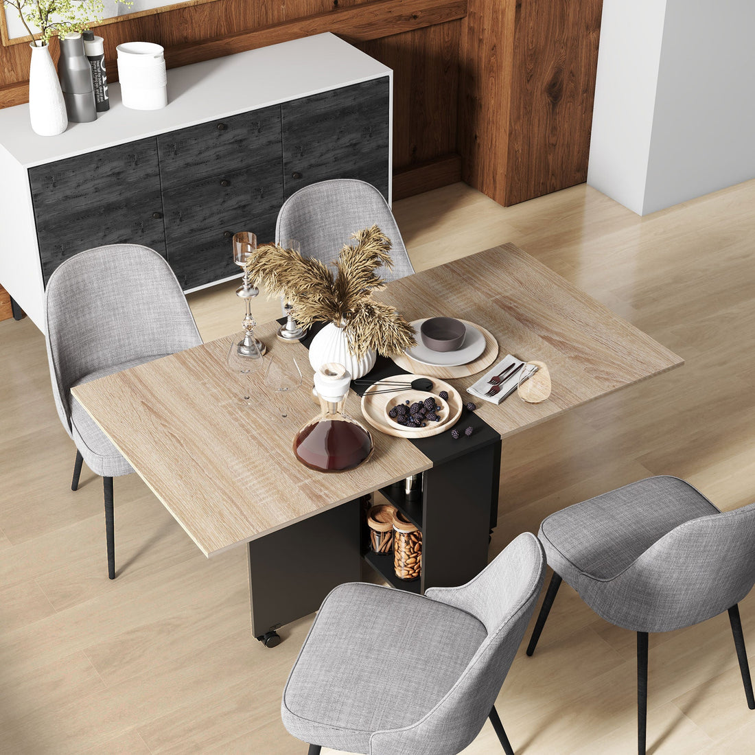 Folding Dining Table, Drop Leaf Table with 2-Tier Shelves, Rolling Casters, for Small Spaces, Kitchen, Oak and Black