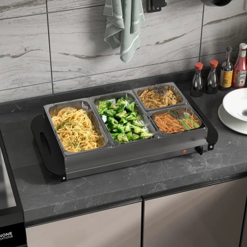 4 Tray Electric Food Warmer Buffet Server with Warming Plate, Cool Touch Handles, Adjustable Temperature, 300W, 2 x 2.4L and 2 x 1L Pans