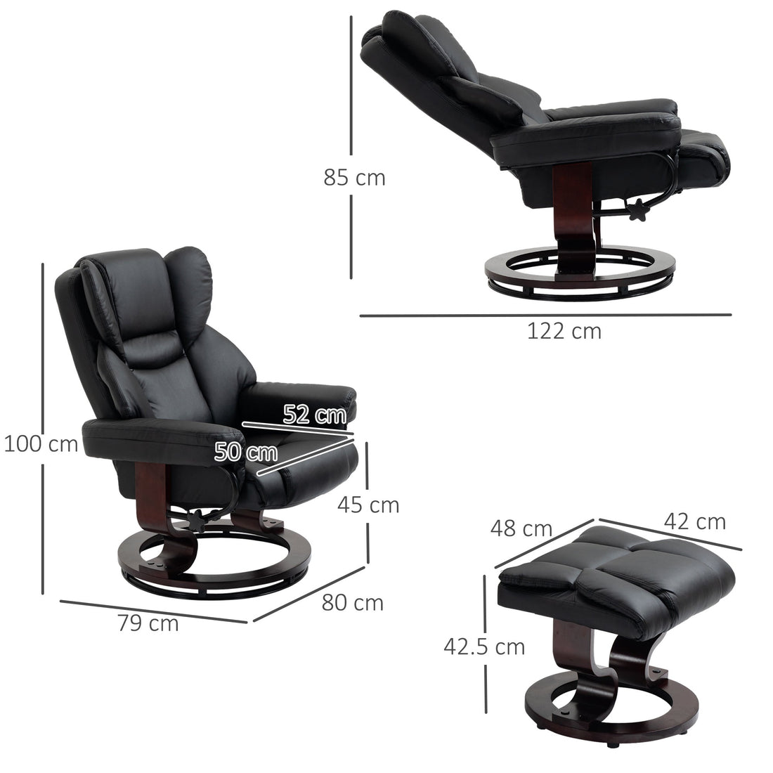 Faux Leather Recliner Chair and Footstool, Swivel Upholstered Armchair and Footstool with Adjustable Backrest, Solid Wood Base for Living Room, Black