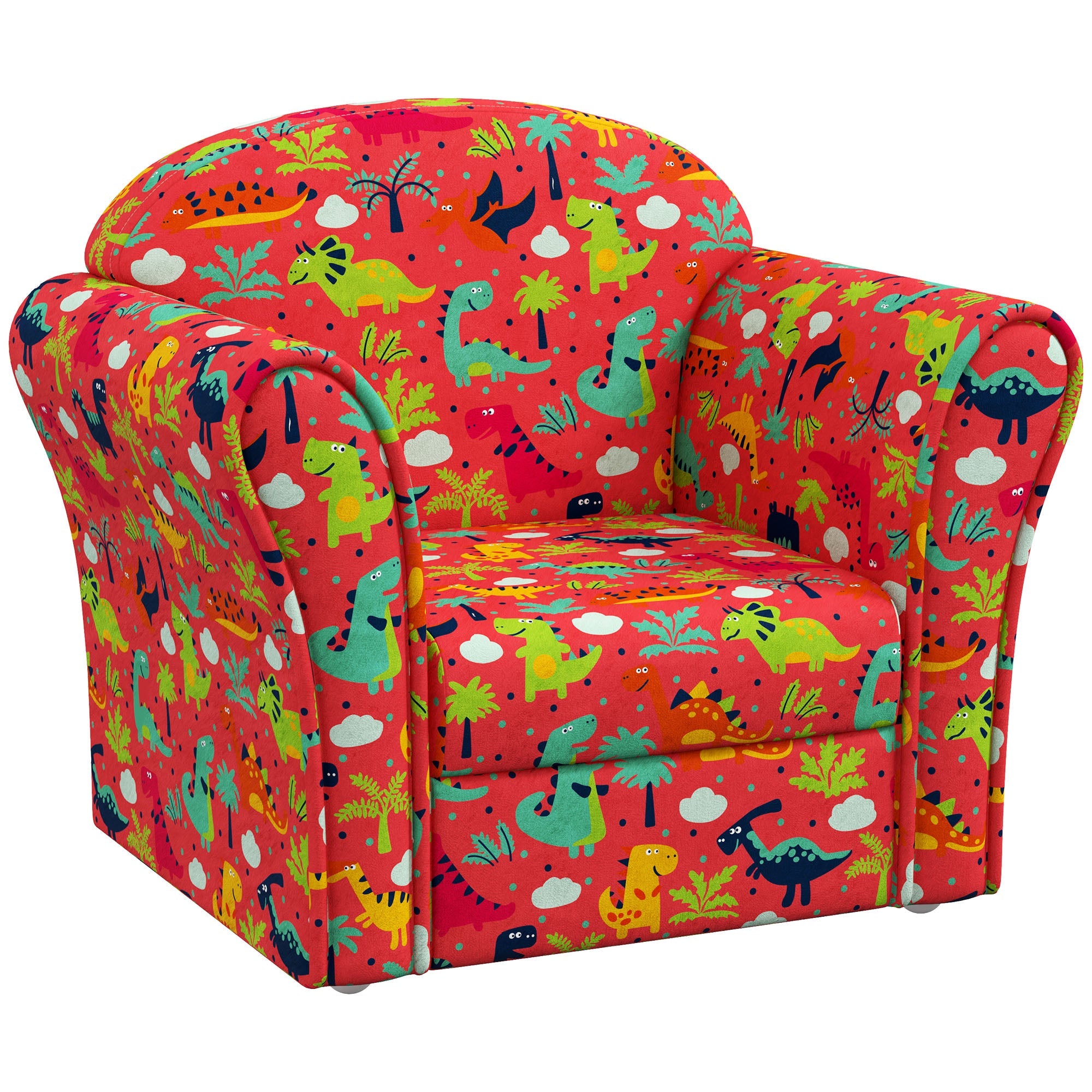 Kids Armchair with Dinosaur Design, Wooden Frame, for Bedroom, Playroom, Kids Room - Red