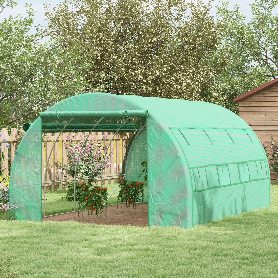 Polytunnel Greenhouse Walk-in Grow House Tent with Roll-up Sidewalls, Zipped Door and 8 Windows, 4x3x2m Green