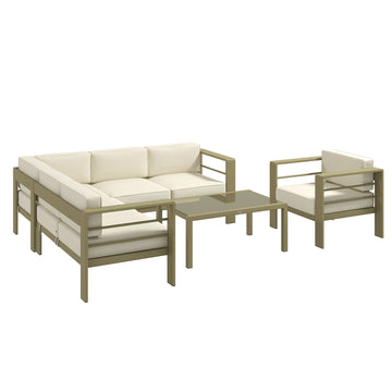 5-Piece Garden Corner Sofa Set with Cushions, 6 Seater Aluminium Garden Furniture Set with Glass Top Coffee Table, Patio Sectional Conservatory Furniture for Patio & Terrace, Gold Tone