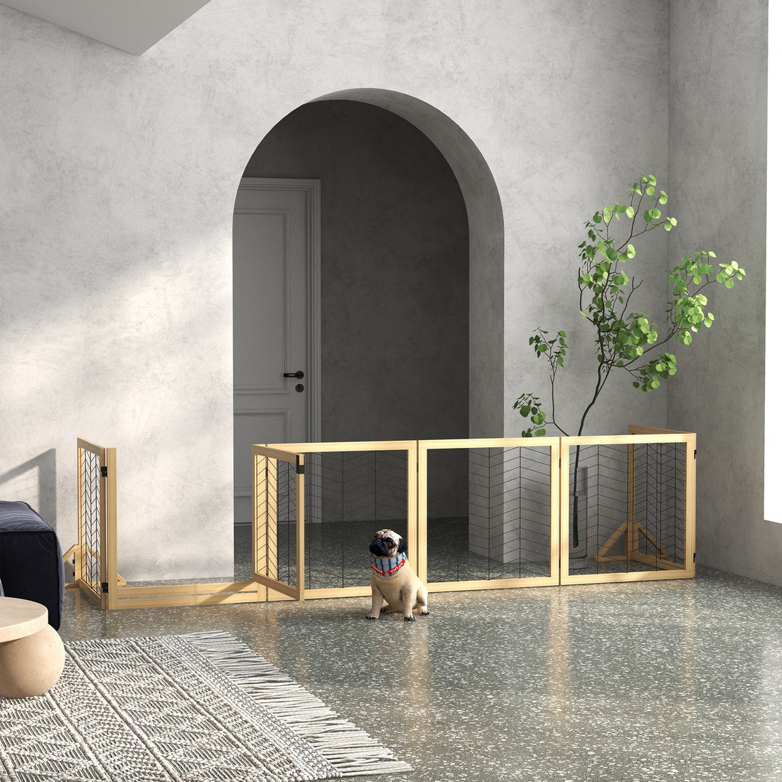 8 Panels Foldable Pet Gate with Support Feet, for House, Doorway, Stairs, Small and Medium Dogs - Natural Wood