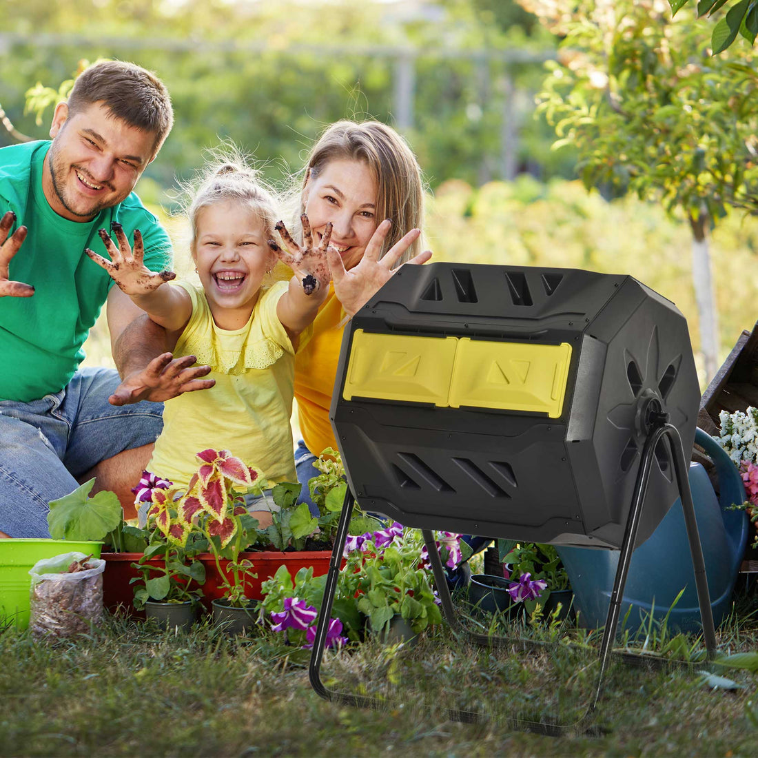 160L 360° Rotating Dual Chamber Composter - Yellow