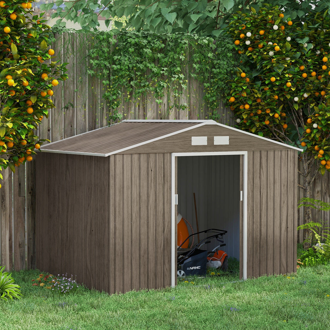 9 x 6ft Steel Garden Shed, Outdoor Storage Tool House with Vents, Foundation and Lockable Double Doors, Brown